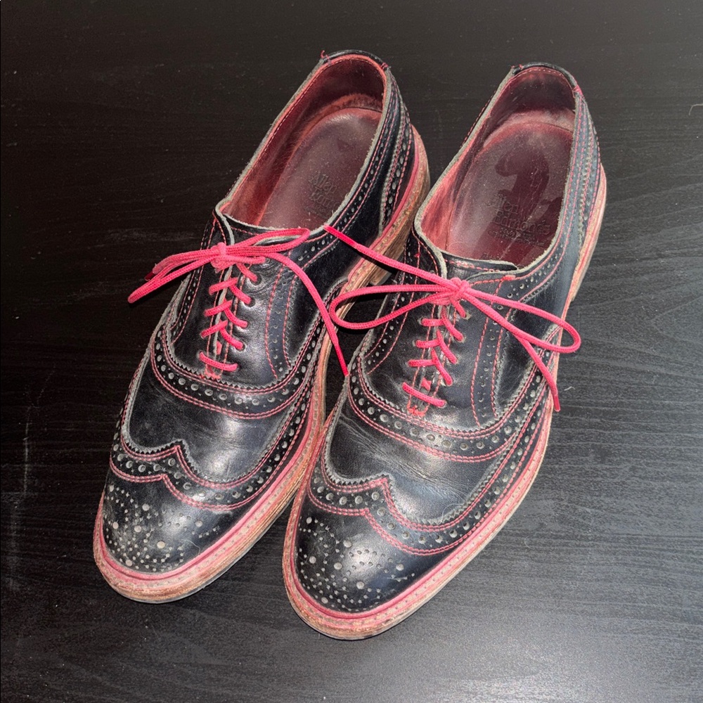 Allen Edmonds Black Leather Wingtip Oxfords with Red Accents